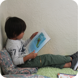 Child reading a book on couch.