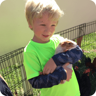 Child holding a guinea pig outdoors.