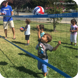 Children playing volleyball on a grassy field.