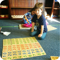 Children playing with educational number mat.