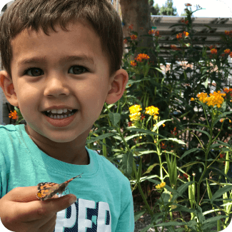 Child smiling, holding butterfly near flowers.