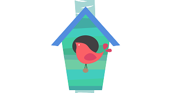 Colorful birdhouse with a red bird design.