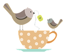 Birds with teacup and teabag illustration.