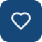 White heart icon on blue background.